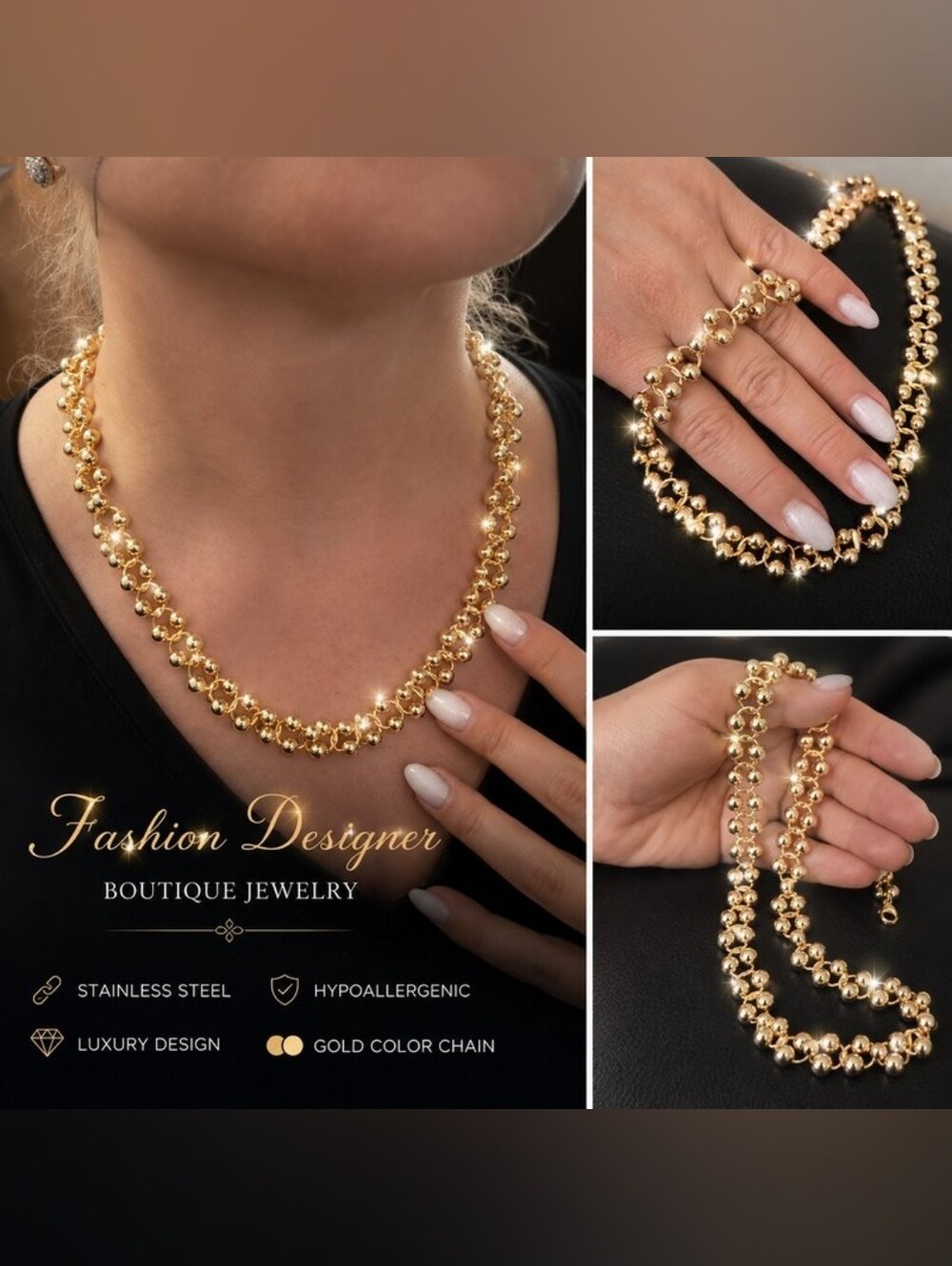 Fashion Designer Boutique Jewelry Gold Beaded Statement Necklace Stainless Steel